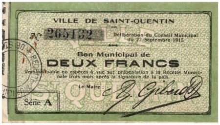 France 2 Francs Saint-Quentin Commune - 1915