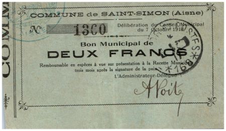 France 2 Francs Saint-Simon Commune - 07/10/1914