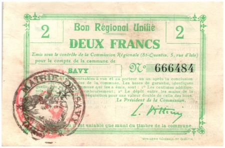France 2 Francs Savy Bon régional 1914 - 1918