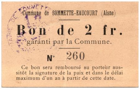 France 2 Francs Sommette-Eaucourt Commune - 1915