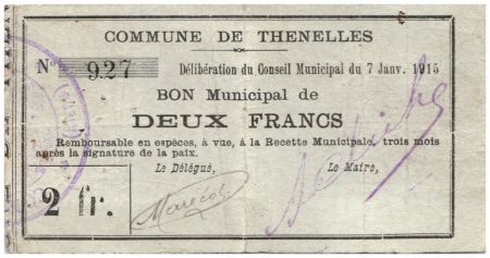 France 2 Francs Thenelles Commune -  07/01/1915