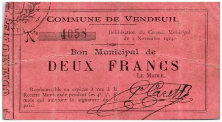 France 2 Francs Vendeuil Commune - 02/11/1914