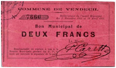 France 2 Francs Vendeuil Commune - 1914 - 1915