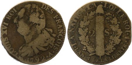 France 2 Sols - Louis XVI - Roi des François - 1792 A