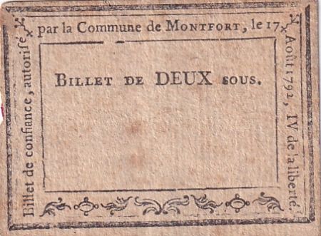 France 2 Sous -  Billet de Confiance - Montfort - 17-08-1792