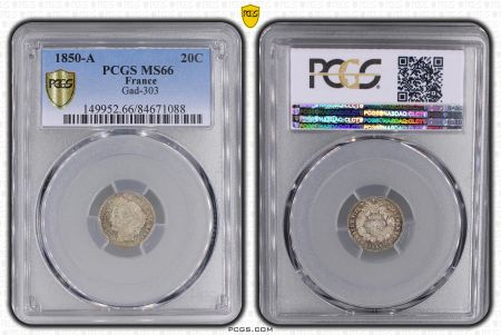 France 20 Centimes Ceres - 1850 A  - II e Republique - PCGS MS 66