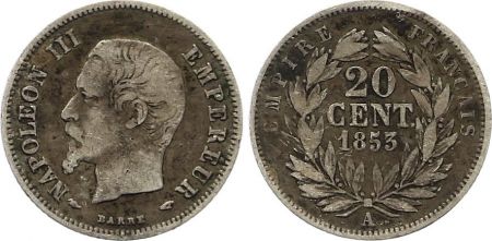 France 20 Centimes Napoléon III Tête nue - 1853 A Paris Argent