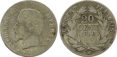 France 20 Centimes Napoléon III Tête nue - 1860 BB Argent