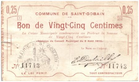 France 20 Centimes Saint-Gobain Commune - 05/08/1915