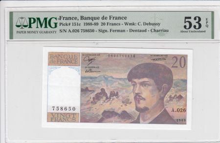 France 20 Francs - Debussy - 1989 - Série A.026  - PMG 53 EPQ
