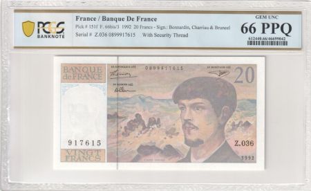 France 20 Francs - Debussy - 1992 - Série Z.036 - PCGS 66  PPQ