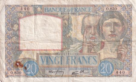 France 20 Francs - Science et Travail - 01-08-1940 - Série O.830 - F.12.05