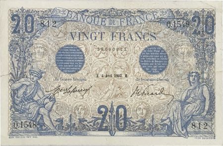 France 20 FRANCS 1912 FRANCE - Bleu TYPE 1905 - SÉRIE Q.1548