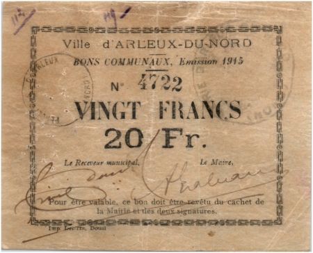 France 20 Francs Arleux Ville - 1915