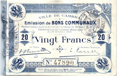 France 20 Francs Cambrai Ville - 1914
