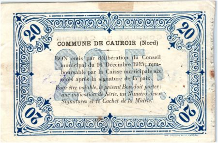 France 20 Francs Cauroir Commune - 16/12/1915