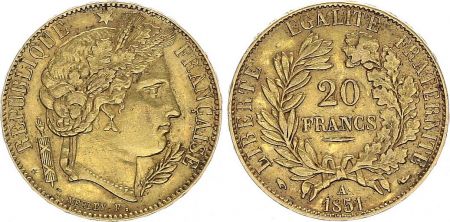 France 20 Francs Cérès - IIeme République 1851 A Paris - Or