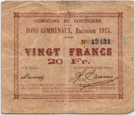 France 20 Francs Coutiches Commune - 1915