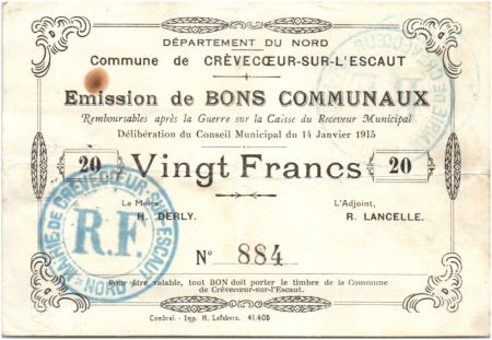 France 20 Francs Crevecoeur-Sur-L\'escaut Commune - 1915