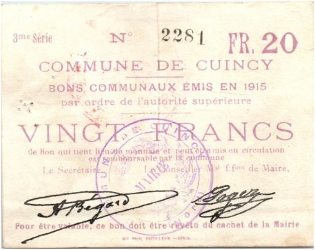 France 20 Francs Cuincy Commune - 1915