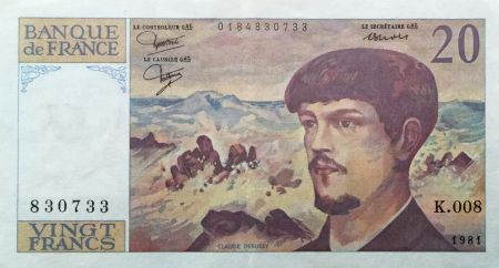 France 20 Francs Debussy - 1981 Série K.008 - SUP