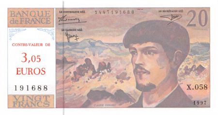 France 20 Francs Debussy surchargé valeur en euros - 1997 Série X.058 - NEUF