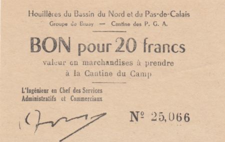 France 20 Francs Houillières du Pas de Calais - Prisonniers de Guerre 1940-1945