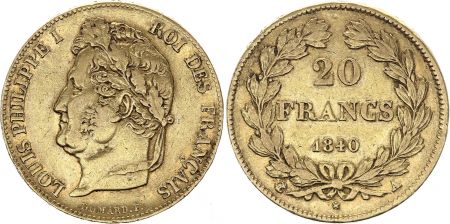 France 20 Francs Louis Philippe Ier TL 1840 A - Or  3 em ex