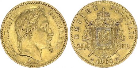 France 20 Francs Napoléon III - 1864 BB Strasbourg Or