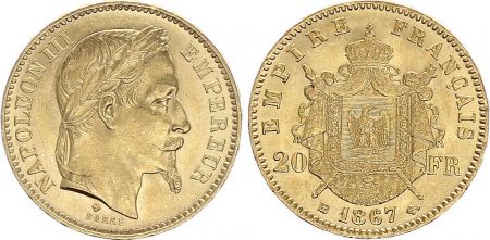France 20 Francs Napoléon III - 1867 BB Strasbourg Or - SUP