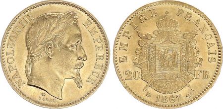 France 20 Francs Napoléon III - 1867 BB Strasbourg Or