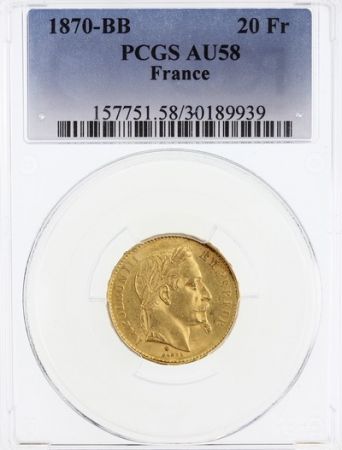 France 20 Francs Napoléon III - Tête Laurée - 1870 BB PCGS AU 58