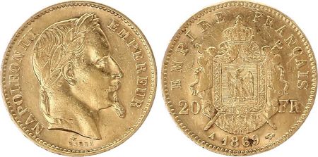 France 20 Francs Napoléon III - Tête Laurée 1869 A - Or