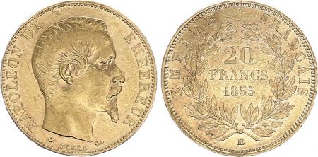 France 20 Francs Napoléon III Tête nue - 1855 BB Strasbourg - Or - TTB