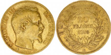France 20 Francs Napoléon III Tête nue - 1856 BB Strasbourg