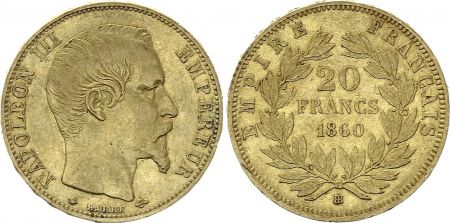 France 20 Francs Napoléon III Tête nue - 1860 BB Strasbourg - Or