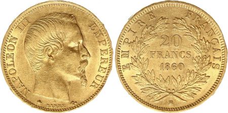 France 20 Francs Napoléon III Tete nue - 1860 BB Strasbourg Or
