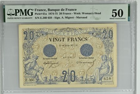 France 20 Francs Noir - 1875 - Série E.360 - F.09.02 - PMG 50