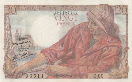 France 20 Francs Pêcheur - 15-04-1943 Série O.80 - P.Neuf