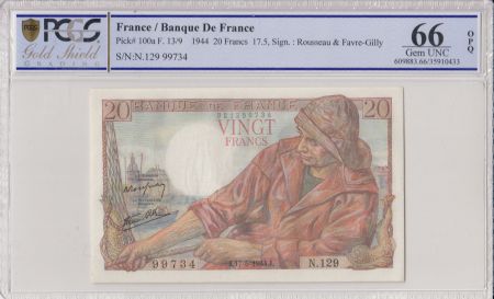 France 20 Francs Pêcheur - 17-05-1944 Série N.129 - PCGS 66 OPQ
