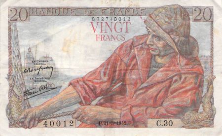 France 20 Francs Pêcheur - 21-05-1942 Série C.30 - TB