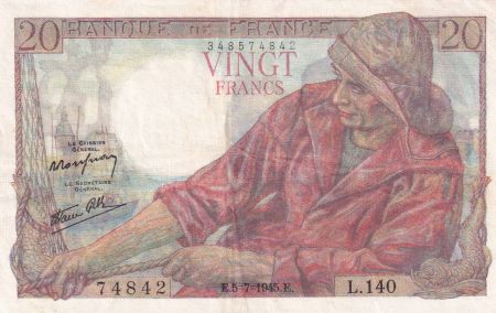 France 20 Francs Pêcheur 05-07-1945 - Série L.140 - TTB