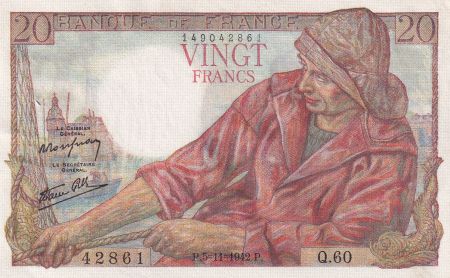 France 20 Francs Pêcheur 05-11-1942 - Série Q.60 - SUP