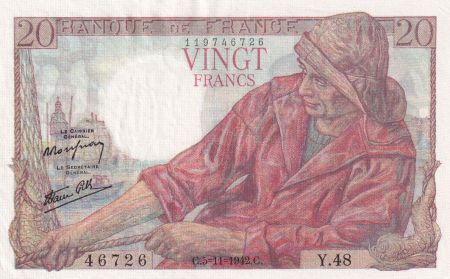 France 20 Francs Pêcheur 05-11-1942 - Série Y.48 - SUP