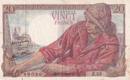 France 20 Francs Pêcheur 05-11-1942 - Série Z.55 - TTB