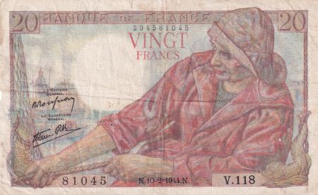 France 20 Francs Pêcheur 10-02-1944 - Série V.118 - TB