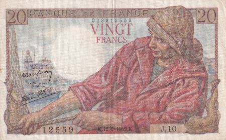 France 20 Francs Pêcheur 12-02-1942 - Série J.10 - TTB