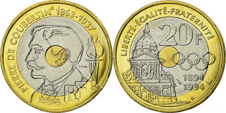 France 20 Francs Pierre de Coubertin - 1994 - Essai - SUP¨+