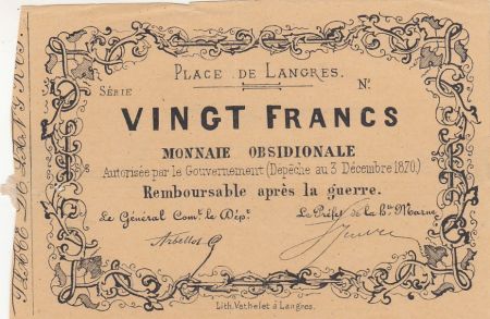 France 20 Francs Place des Langres - 1870 - Monnaie Obsidionale