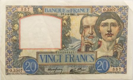 France 20 Francs Science et Travail - 03-04-1941 Série O.3307 - TTB